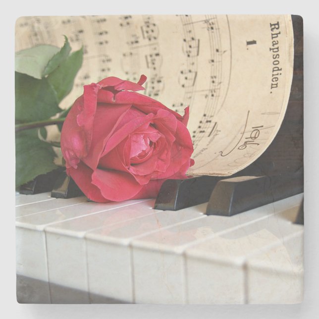 Posavasos De Piedra Hoja de Música Rosa Roja y Piano (Anverso)
