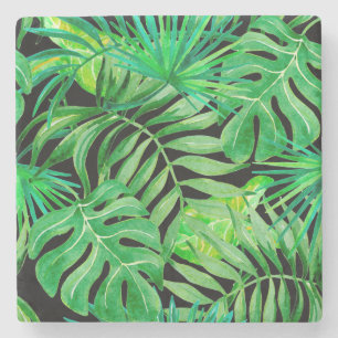Posavasos De Piedra Hojas de acuarela tropical: Elegancia sin costura.