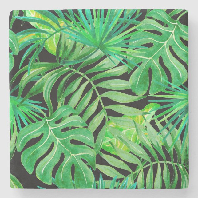 Posavasos De Piedra Hojas de acuarela tropical: Elegancia sin costura. (Anverso)
