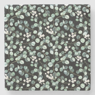 Posavasos De Piedra Hojas de eucalipto: Patrón de flores blancas
