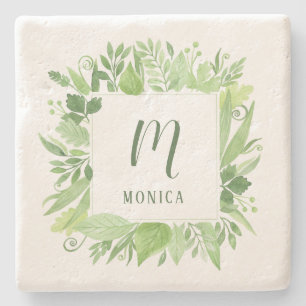 Posavasos De Piedra Hojas de lujo   Marco botánico verde y monograma