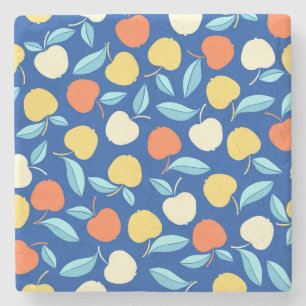 Posavasos De Piedra Hojas de manzanas, fondo azul, patrón sin costuras