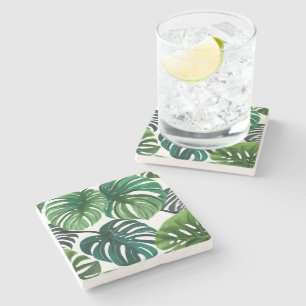 Posavasos De Piedra Hojas de Monstera Botánica Moderna Acuarela