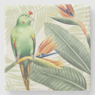 Posavasos De Piedra Hojas de palma con pájaro verde
