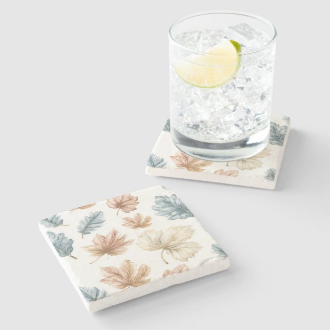 Posavasos De Piedra Hojas Marrones Crema Azules (Lateral)