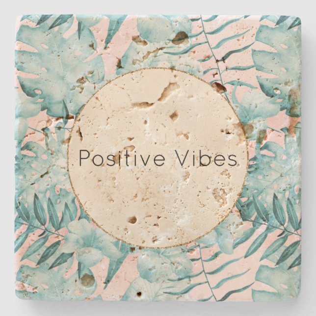 Posavasos De Piedra Hojas tropicales Aqua Gold Personalizadas (Anverso)