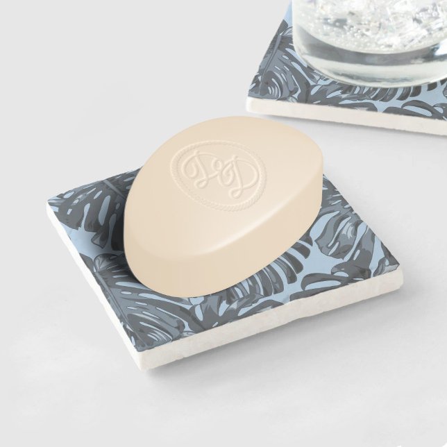 Posavasos De Piedra Hojas tropicales de la jungla azul gris (Mockup as a soap dish)