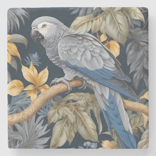 Posavasos De Piedra Hojas tropicales de loro gris africano (Anverso)
