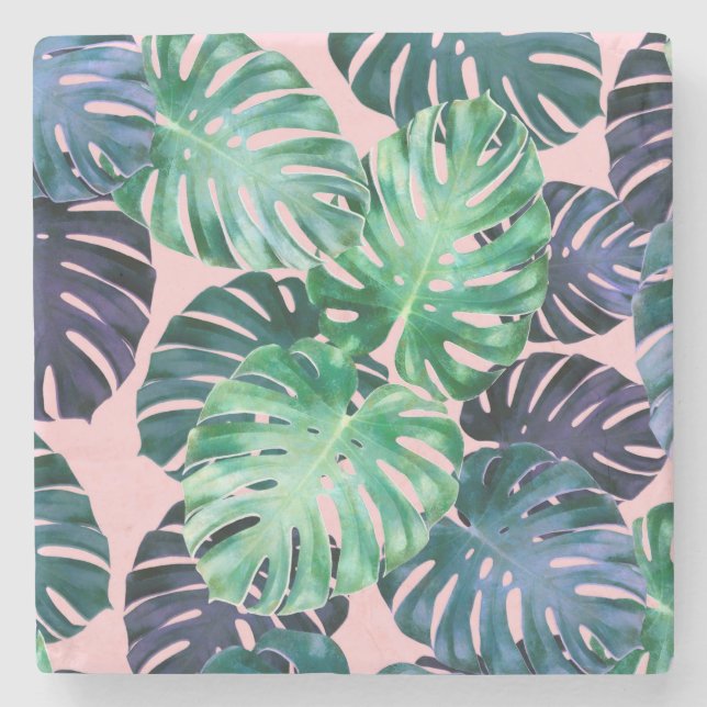 Posavasos De Piedra Hojas tropicales de Monstera (Anverso)
