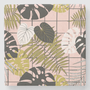 Posavasos De Piedra Hojas tropicales, flores, patrón pintado a mano.