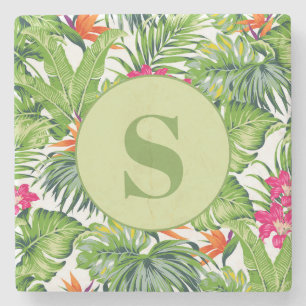Posavasos De Piedra Hojas Tropicales Verdes Monograma Floral Rosa