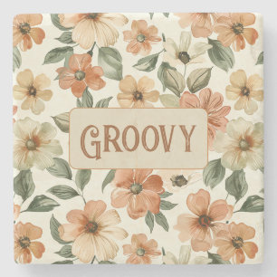 Posavasos De Piedra Hojas Verdes Naranjas Groovy de los Setenta