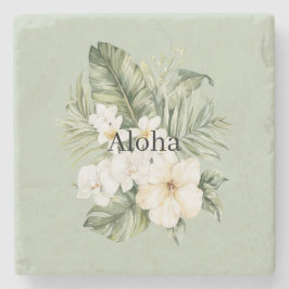 Posavasos De Piedra Hojas Verdes Tropicales Orquídeas de Hibisco Blanc