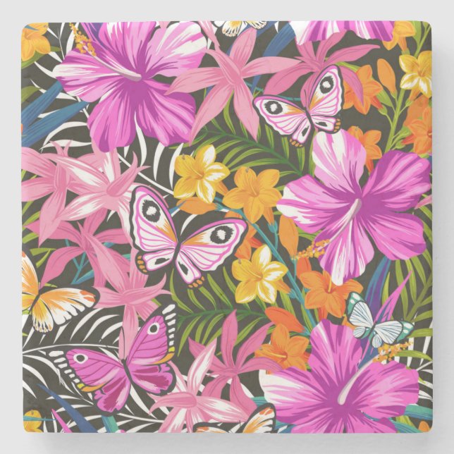 Posavasos De Piedra Hojas y flores tropicales (Anverso)