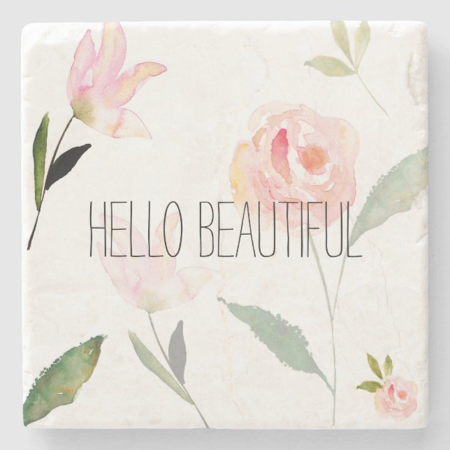 Posavasos De Piedra Hola acuarela hermosa floral (Anverso)