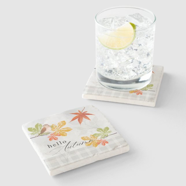 Posavasos De Piedra Hola otoño con hojas de aves y caídas (Lateral)