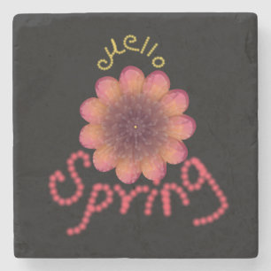 Posavasos De Piedra Hola Primavera - Arte de Flor Rosa y Naranja Textu