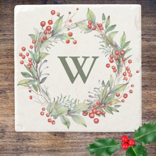 Posavasos De Piedra Holly Berry Wreath Monograma