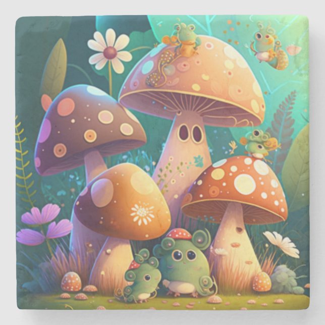 Posavasos De Piedra Hongos y flores finos verdes (Anverso)