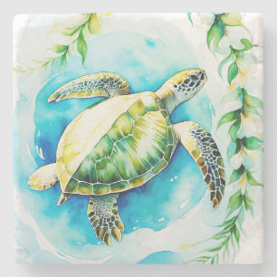 Posavasos De Piedra Honu hawaiano con Plumeria y acuarela