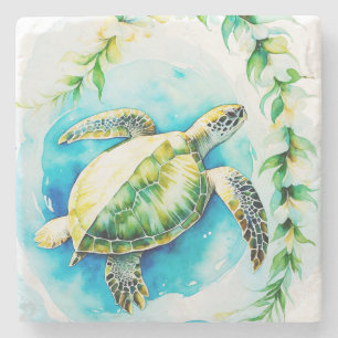 Posavasos De Piedra Honu hawaiano con Plumeria y acuarela