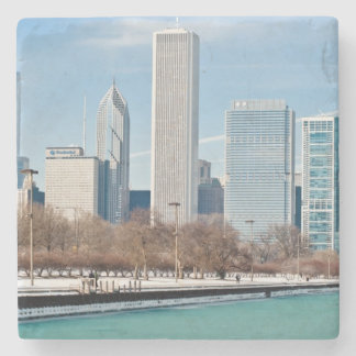 Posavasos De Piedra Horizonte de Chicago a través del lago Michigan
