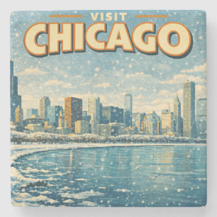 Posavasos De Piedra horizonte de Chicago y lago Michigan en invierno