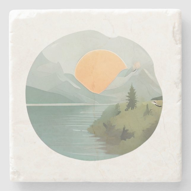 Posavasos De Piedra Horizonte dorado: La puesta de sol en el lago (Anverso)