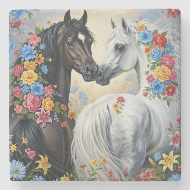 Posavasos De Piedra  Horses framed in flowers Coaster (Anverso)