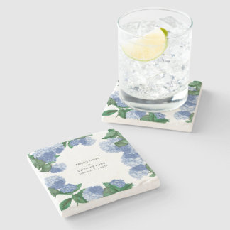 Posavasos De Piedra Hortensia Azul Floral Verde Moderno Boda