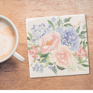 Posavasos De Piedra Hortensia Peonía Floral Primavera Azul Rosa Acuare