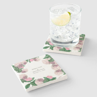 Posavasos De Piedra Hortensia Rosa Floral Verde Moderna Boda