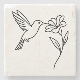 Posavasos De Piedra Hummingbird and Flower – Minimalist Black Line Art