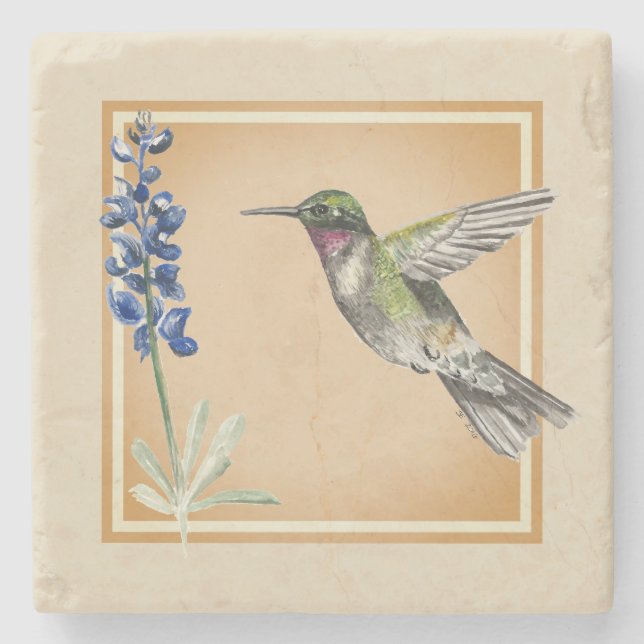 Posavasos De Piedra Hummingbird y Bluebonnet sobre fondo neutral (Anverso)