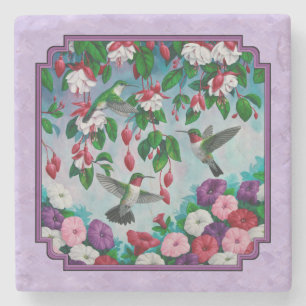Posavasos De Piedra Hummingbirds Flores de fucsia rosa Lavanda