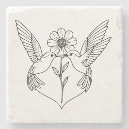 Posavasos De Piedra Hummingbirds in Heart Shape with Flower Line Art
