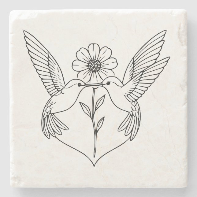 Posavasos De Piedra Hummingbirds in Heart Shape with Flower Line Art (Anverso)