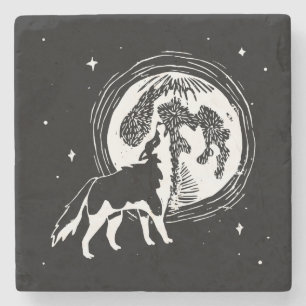 Posavasos De Piedra Husky Aullando Luna Linograbado Blanco y Negro