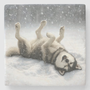 Posavasos De Piedra Husky Siberiano Creando un Ángel de Nieve
