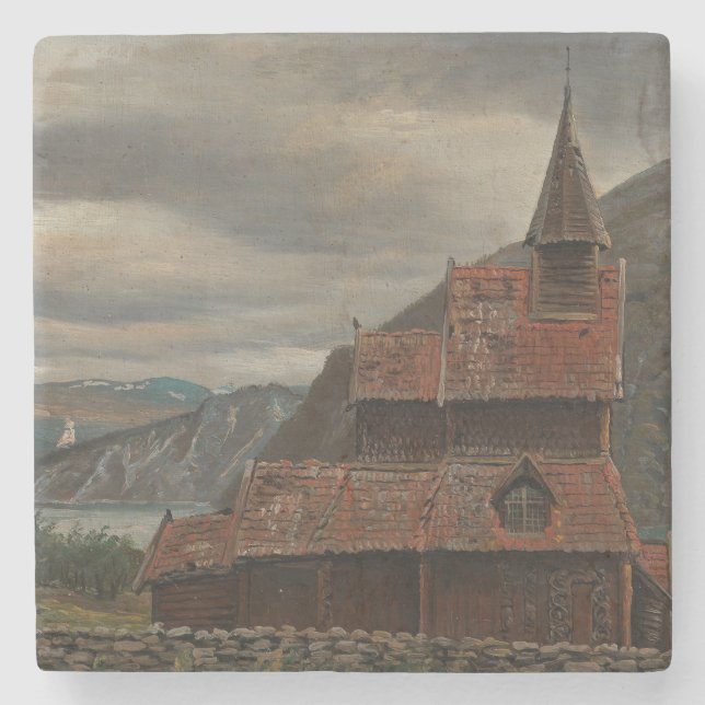 Posavasos De Piedra Iglesia de la Stave de Noruega (por Knud Baade) (Anverso)