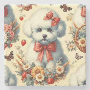Posavasos De Piedra Ilustracion Cute Vintage Bichon Frisé