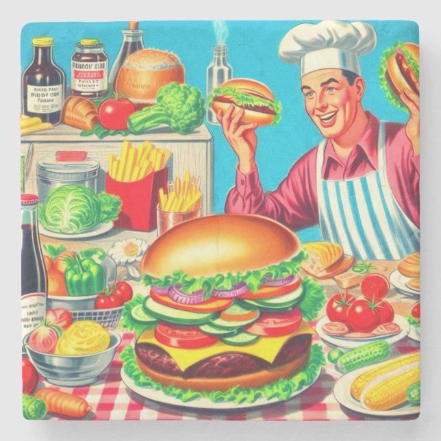 Posavasos De Piedra Ilustracion de cómics Retro Hamburger (Anverso)