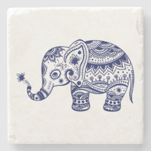 Posavasos De Piedra Ilustracion de elefante floral azul