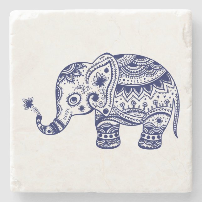 Posavasos De Piedra Ilustracion de elefante floral azul (Anverso)
