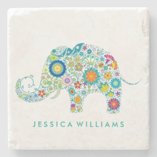 Posavasos De Piedra Ilustracion de elefante floral de color