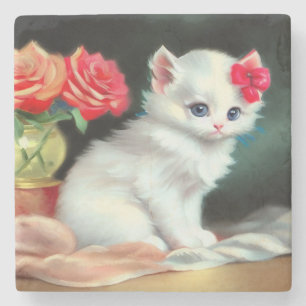 Posavasos De Piedra Ilustracion de gatito blanco con flores rojas