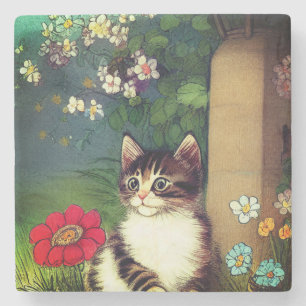 Posavasos De Piedra Ilustracion de gato vintage con flores de primaver