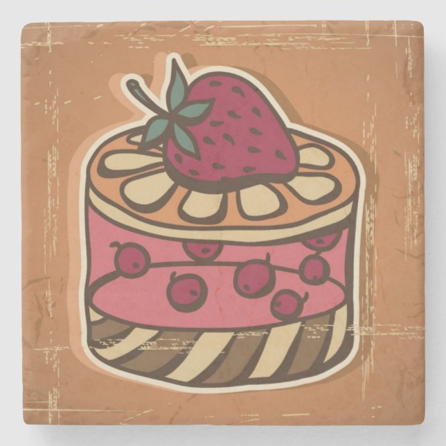 Posavasos De Piedra Ilustracion de la torta en estilo retro (Anverso)