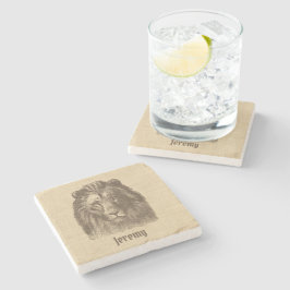 Posavasos De Piedra Ilustracion de león vintage en Burlap Personalizad