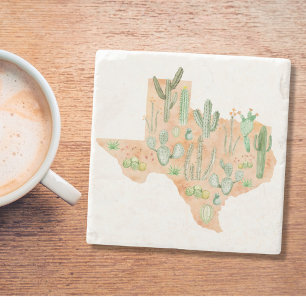 Posavasos De Piedra Ilustración de mapa de Texas con cactus en acuarel